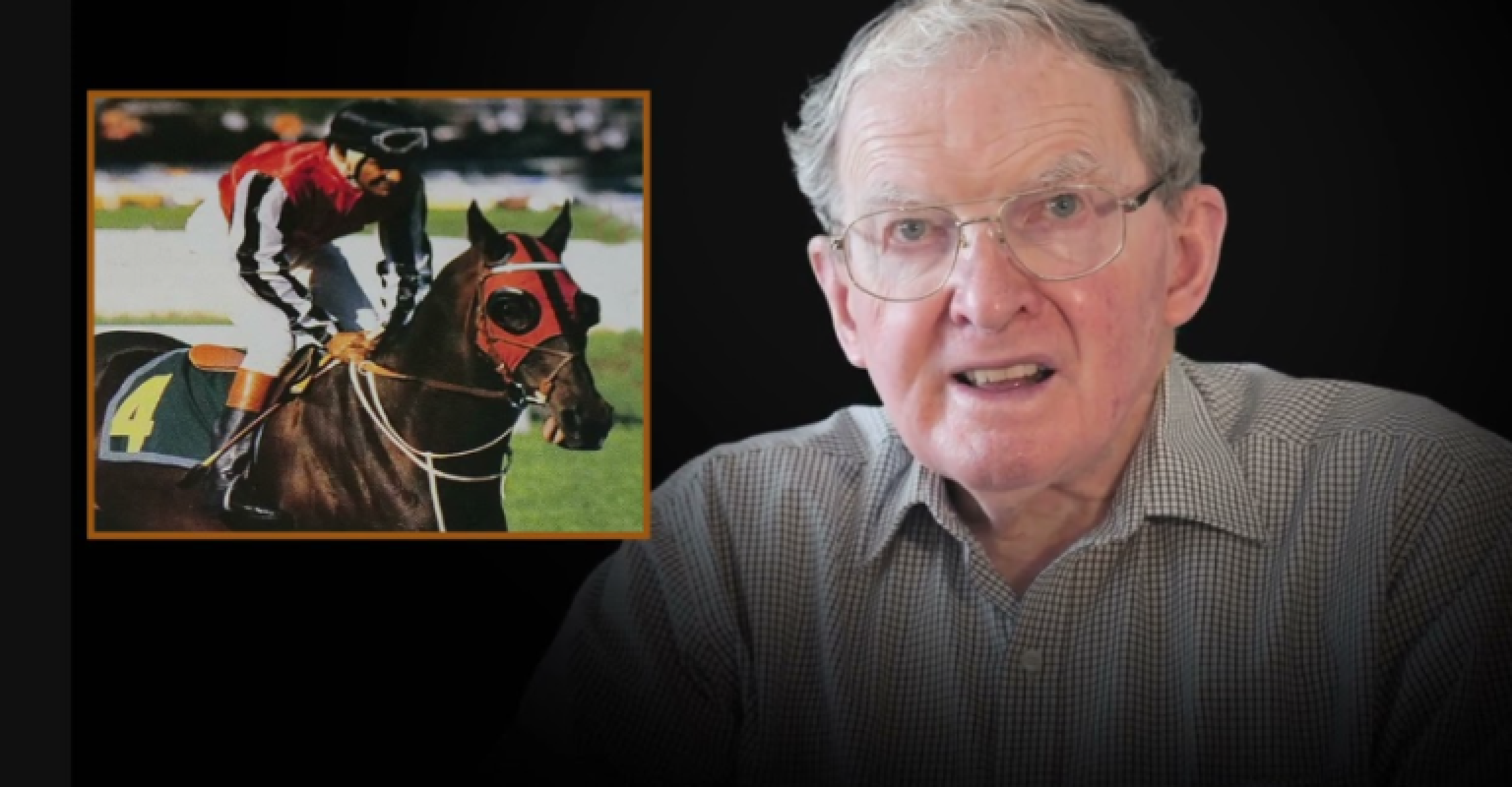 Fr Brendan Dillon headshot with a snapshot photo of a racehorse and jockey in a horse race.