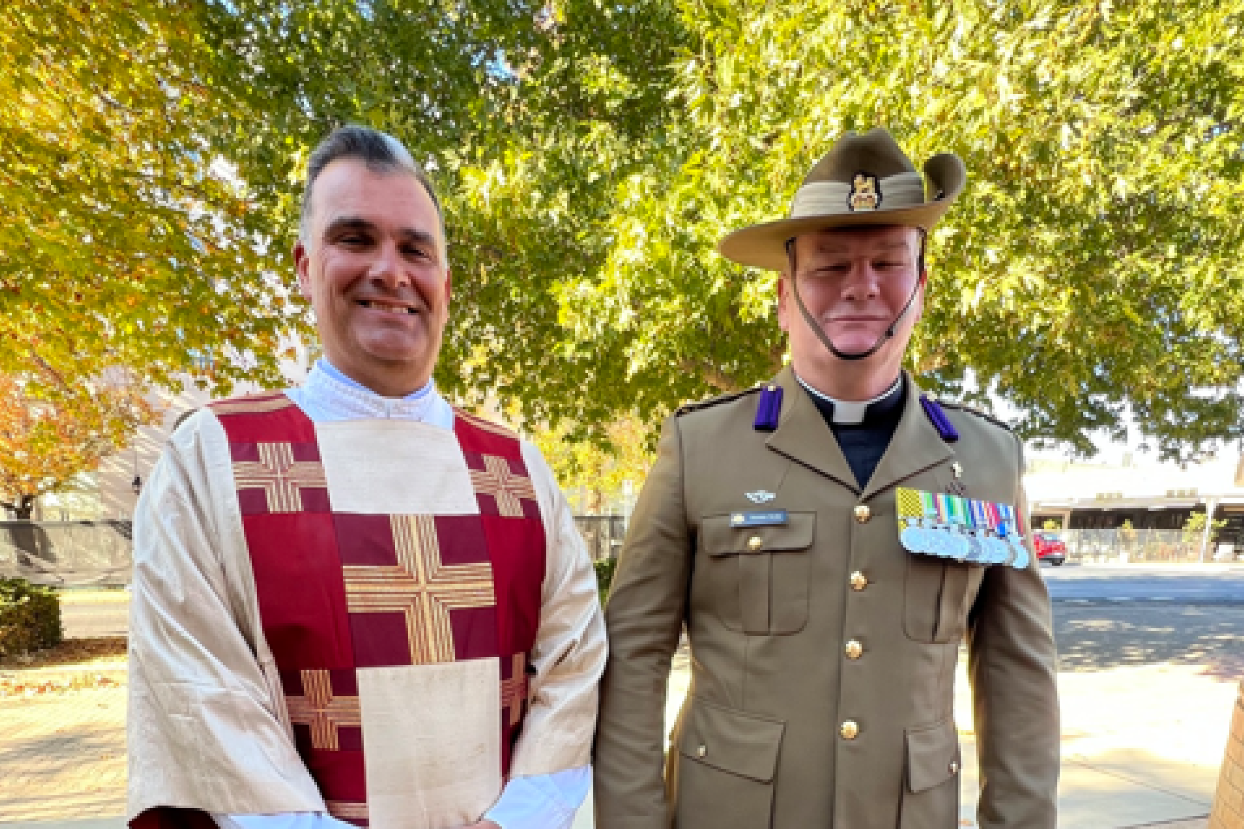 Clinton McGoldrick and Damian Styles outside ST Christopher's Cathedral ANZAC Day Mass 2026