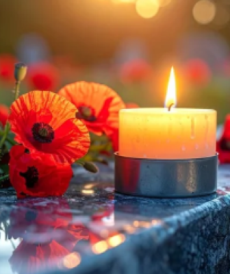 a lit hite candle standing next to a bunch of red poppies laying down on a stone smooth dark and wet wall