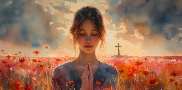 A girl praying with the holy cross in the background
