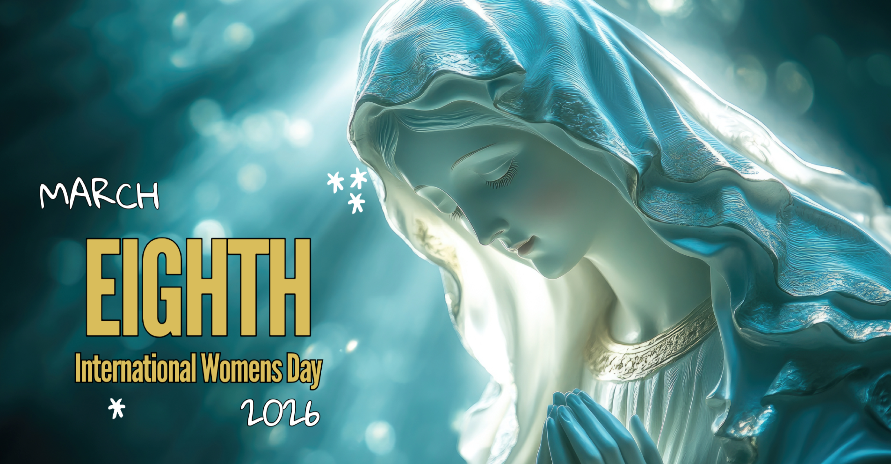 March 8th international womens day with virgin mother image to the right hand side on different shades of blue background and beams of light around her