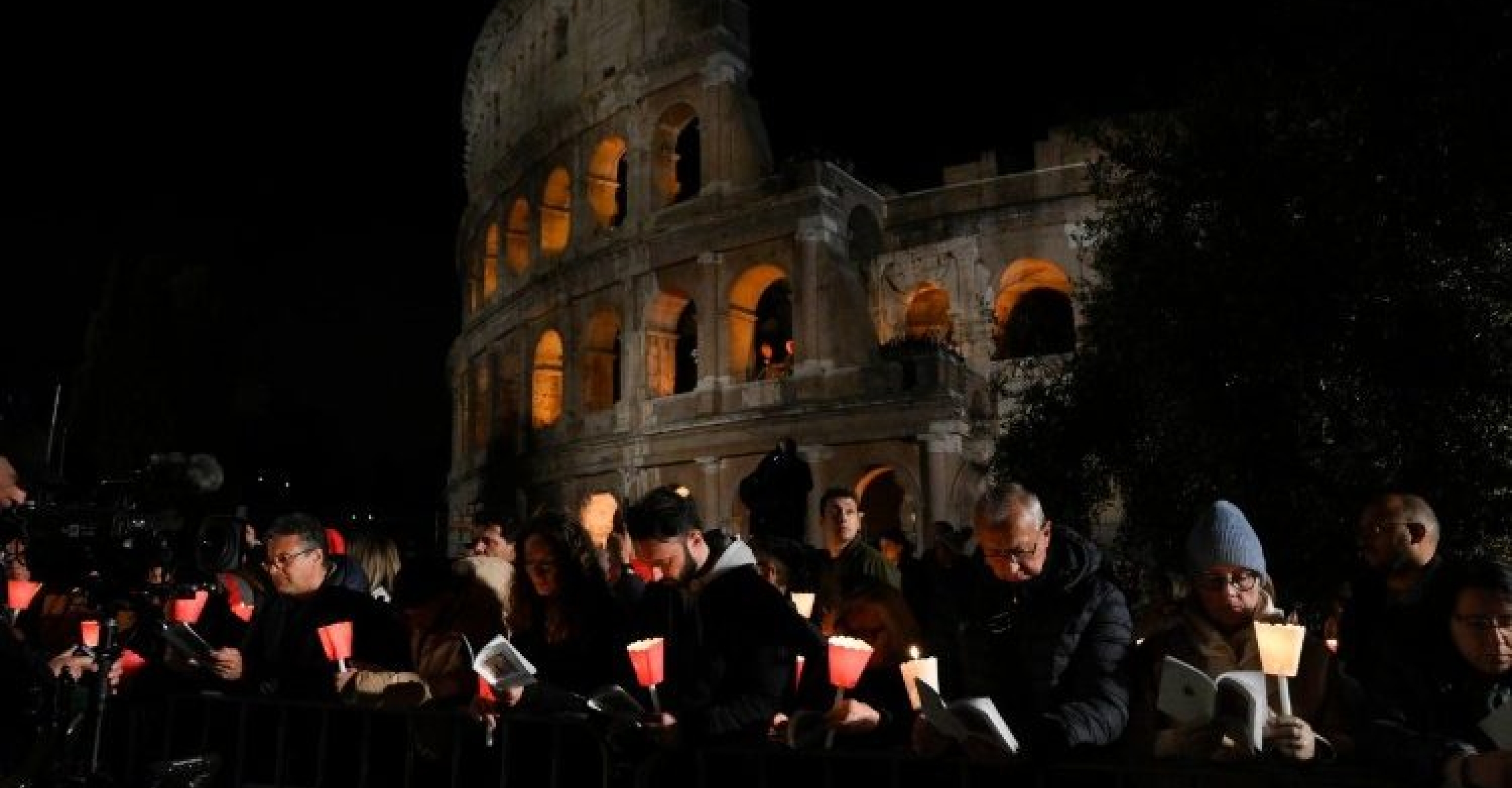Pope Leo shows the Way of the Cross at the Colosseum during the evening