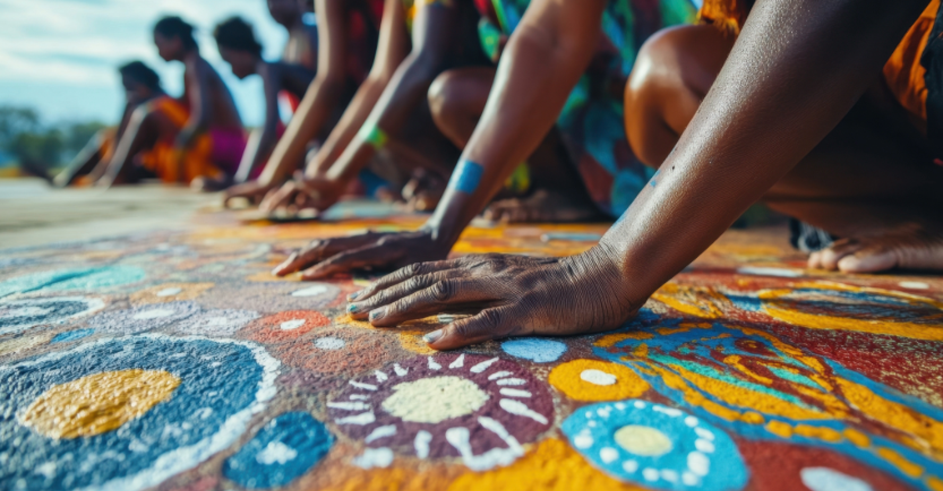 Australian Aboriginal hands touching the Indigenous art painted in the concrete in the ground