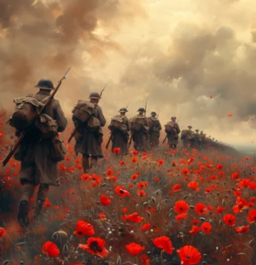 ANZAC Day  image of soldierS silhouette in a field of red poppies on a cloud day