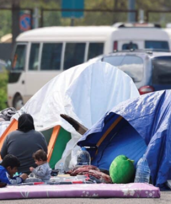 people displaced from their homes now in tents with their families in Beirut